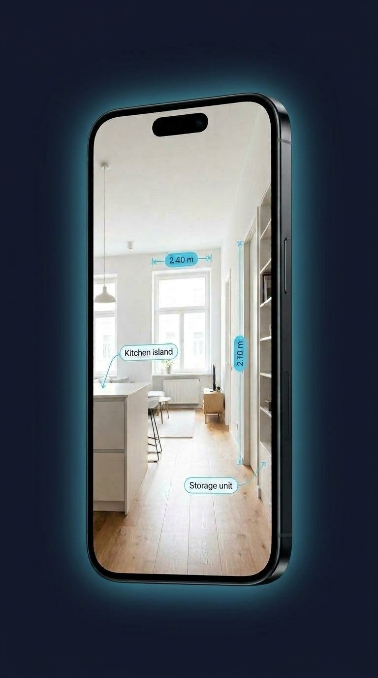 Dimension lines and callout labels on a living room