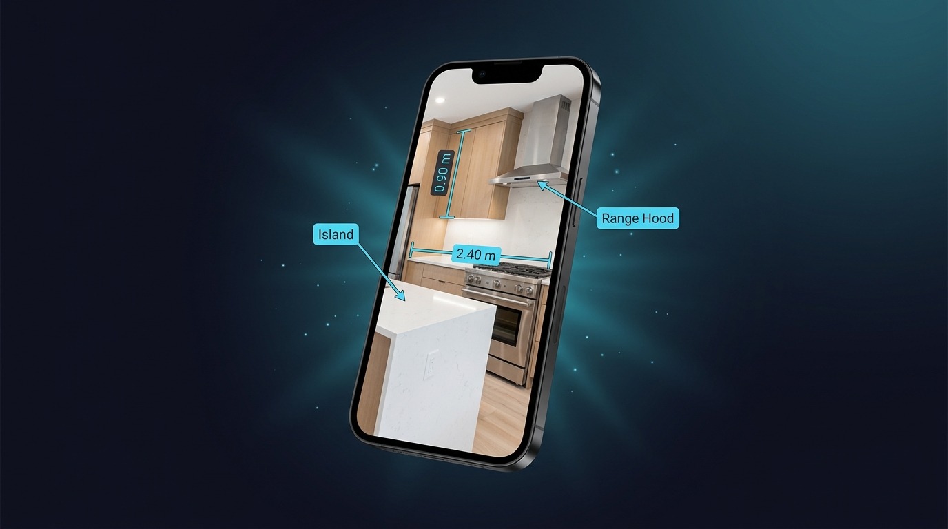 MeasureSnap app showing annotated kitchen on iPhone